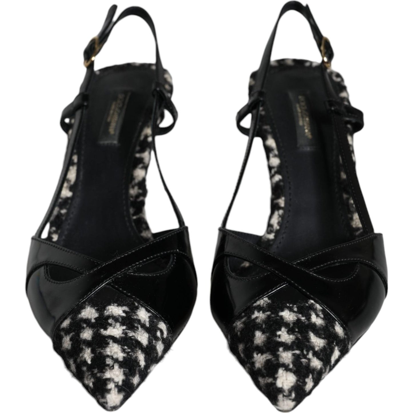 Dolce & Gabbana black leather houndstooth slingback shoes with buckle closure, featuring luxurious craftsmanship.