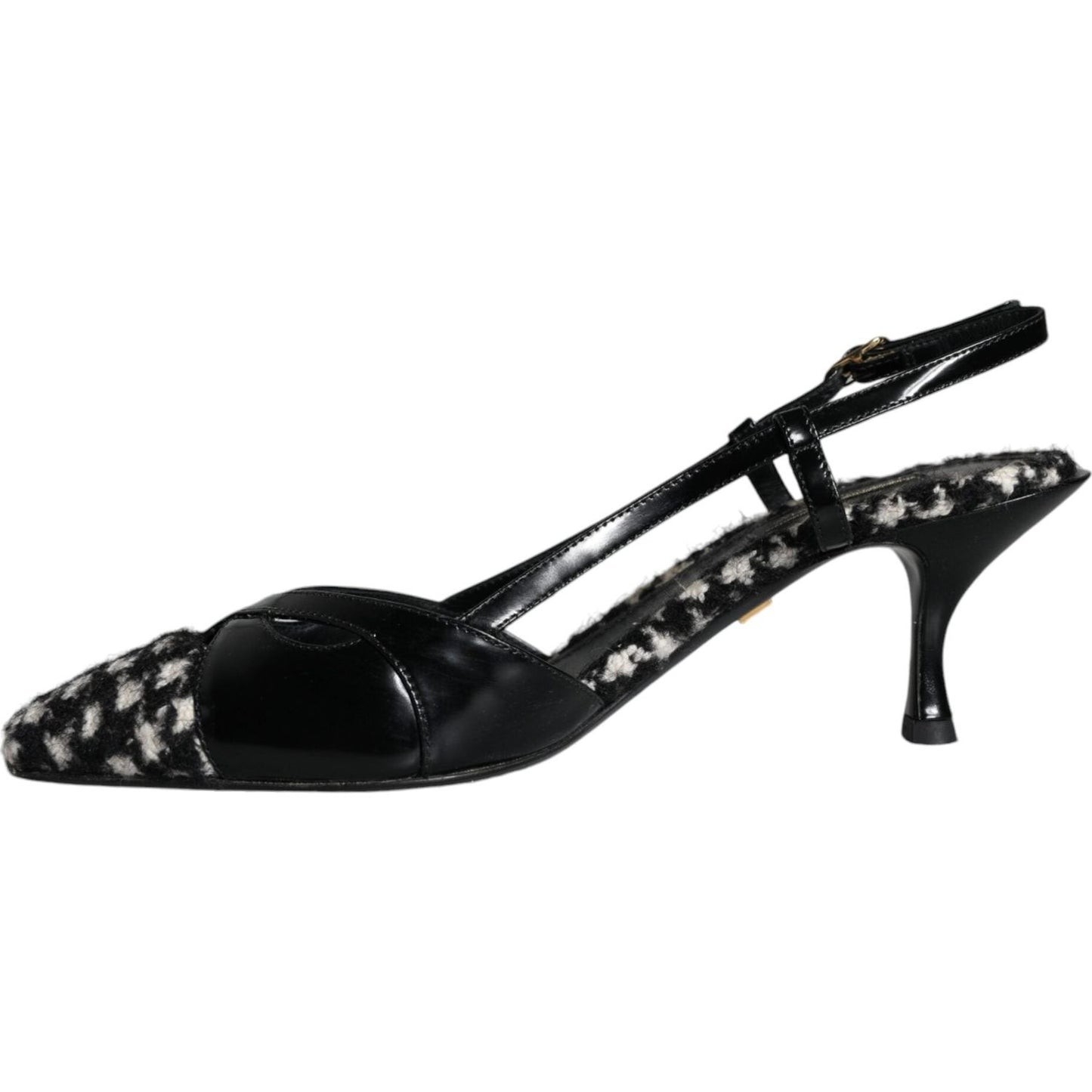 Dolce & Gabbana black leather houndstooth slingback shoes with buckle closure and logo details on a leather bottom sole.