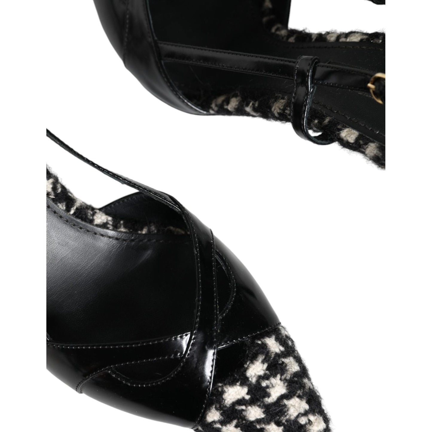 Dolce & Gabbana black leather houndstooth slingback shoes with buckle closure, showcasing exclusive craftsmanship and logo details.
