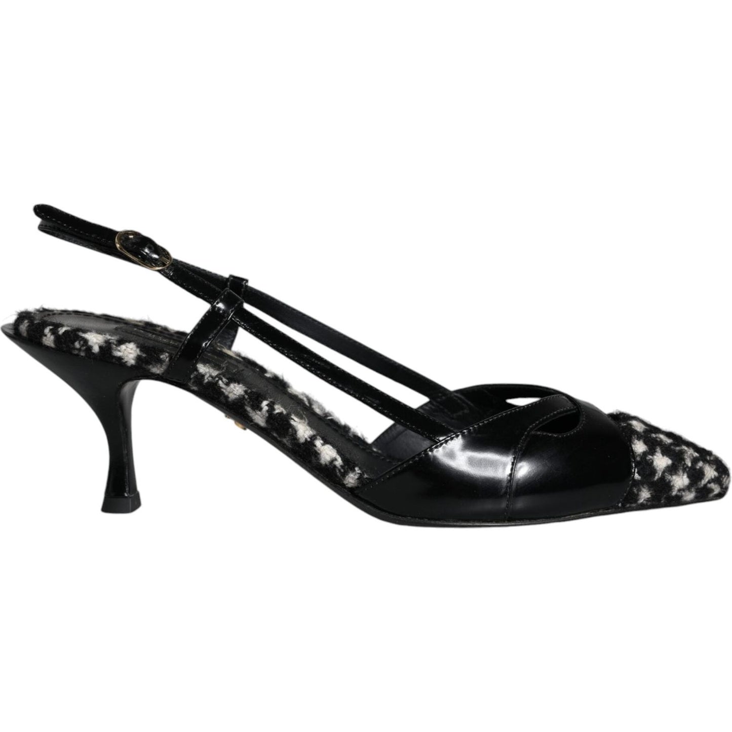 Dolce & Gabbana black leather houndstooth slingback shoes with buckle closure and logo detail, Italian craftsmanship.