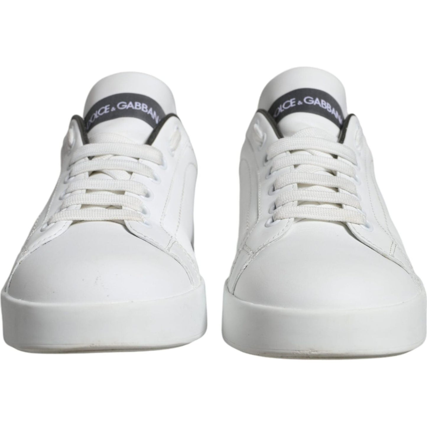 Dolce & Gabbana white leather Portofino sneakers with lace-up closure and black logo, stylish preowned shoes made in Italy.