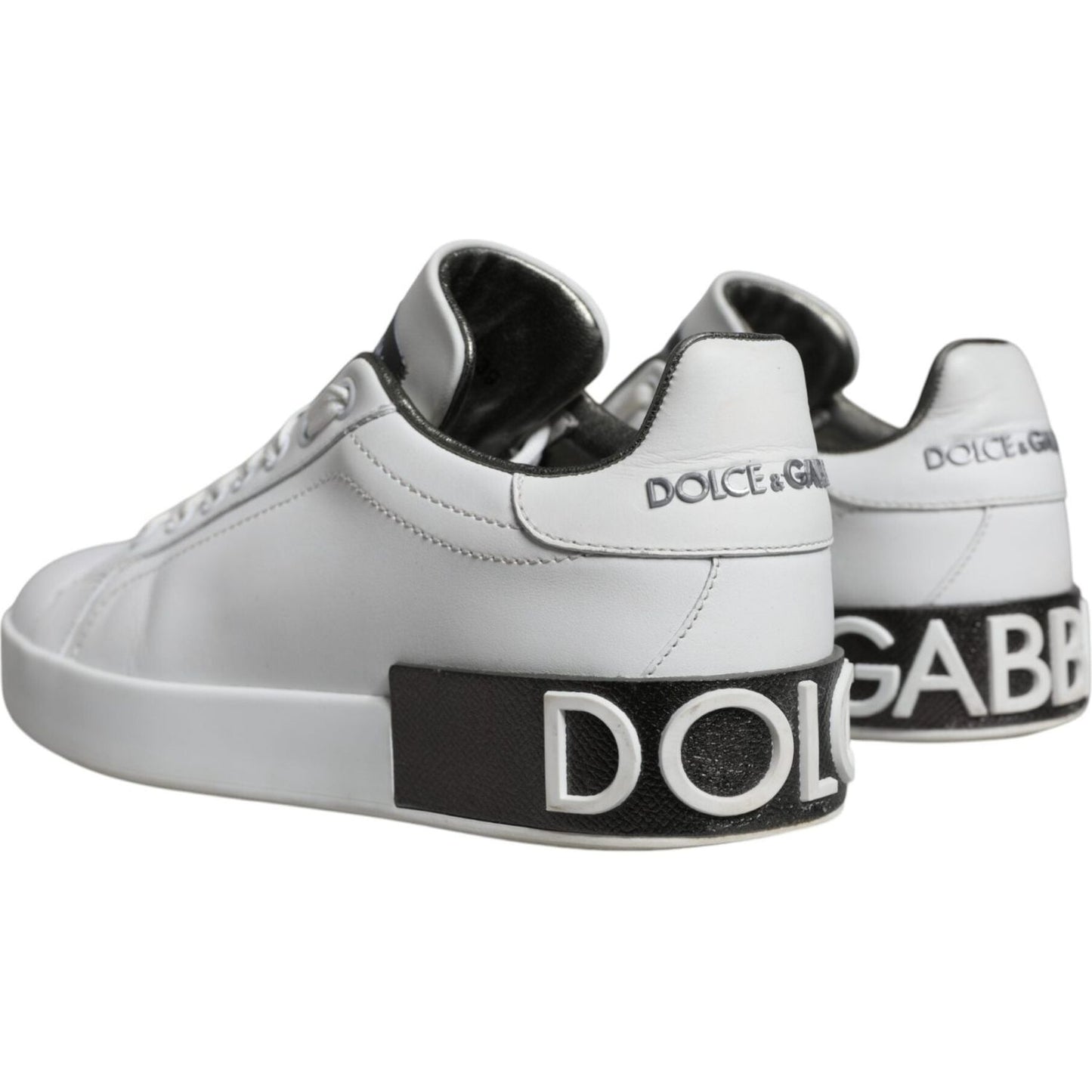 Dolce & Gabbana white leather Portofino low top sneakers with logo detail, rubber sole, and black accents, preowned shoe missing logo