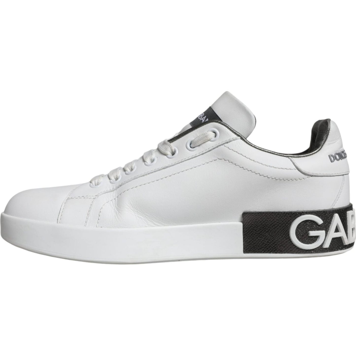 Dolce & Gabbana white leather Portofino low top sneakers with black sole detail and logo, made in Italy.