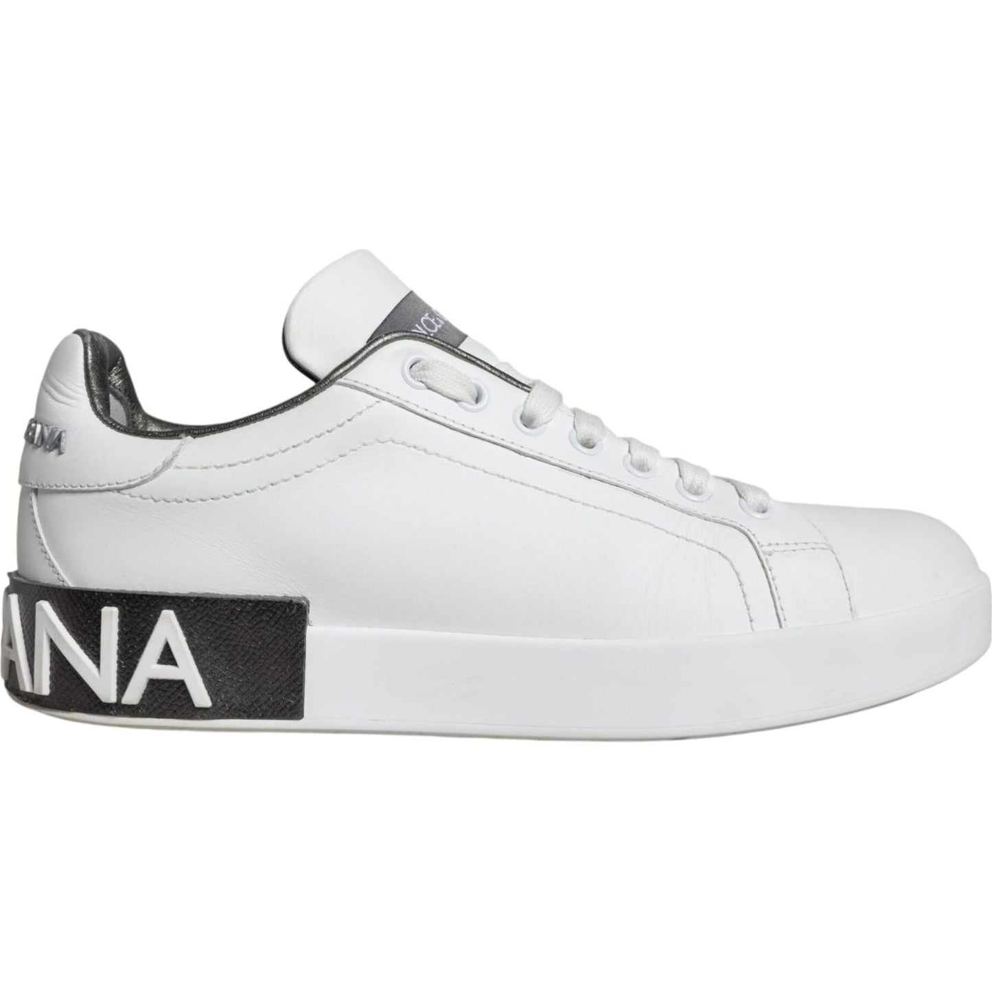 Dolce & Gabbana white leather Portofino low top sneaker with black sole, side logo detail, and lace-up closure.