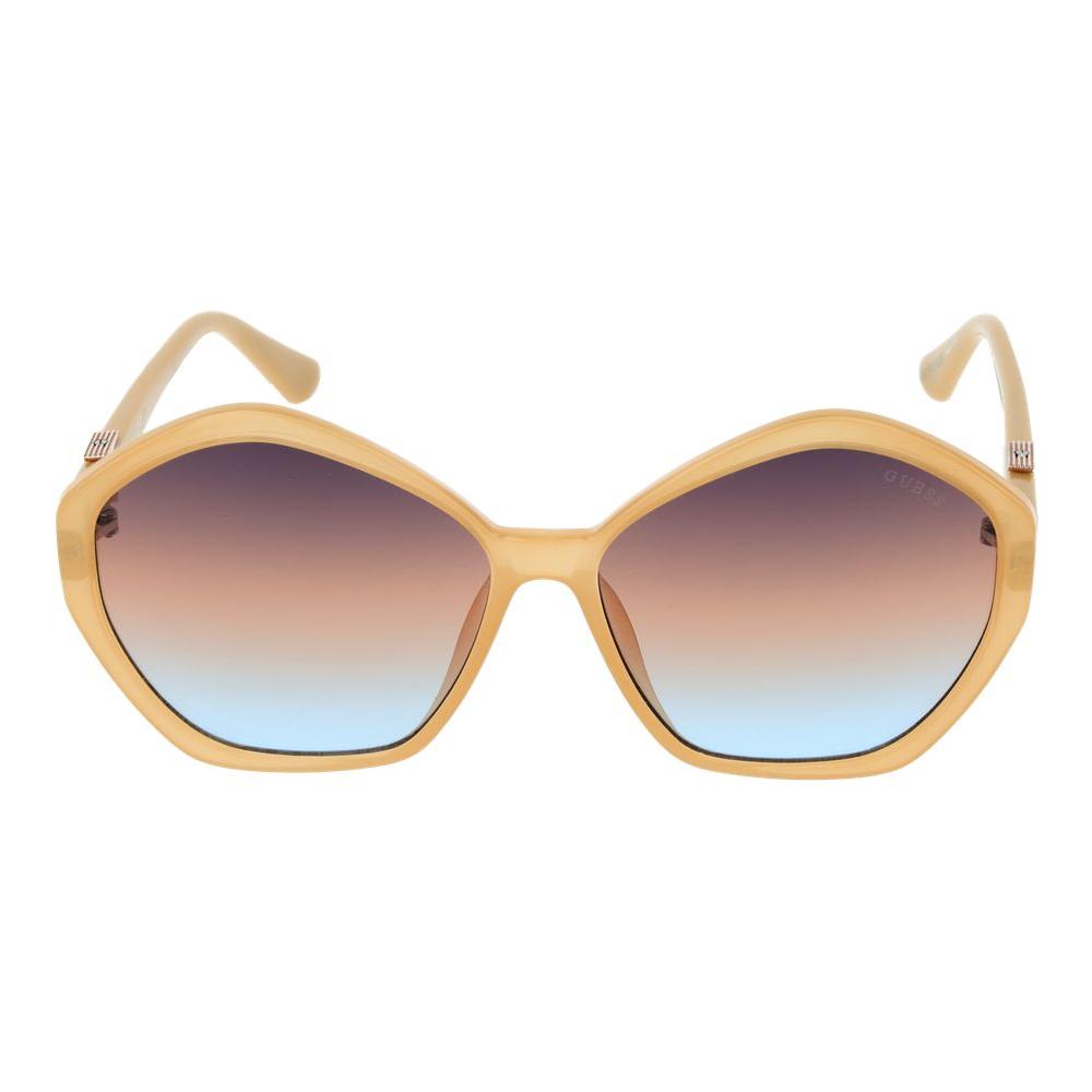 Guess brown women's sunglasses with gradient multicolor lenses, full-rim square style, UV protection, 58-14-140 size.