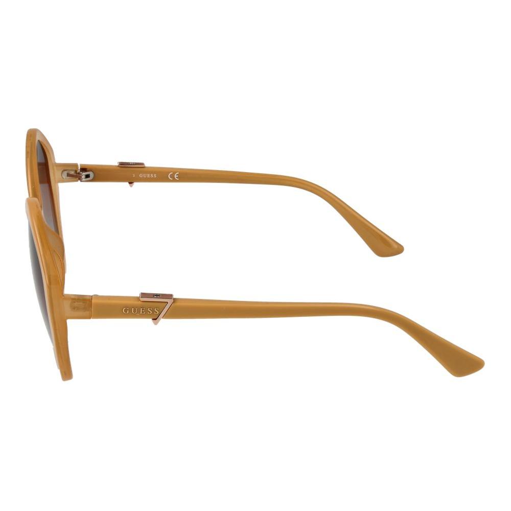 Side view of Guess brown women's square full-rim sunglasses with multicolor gradient lenses and plastic frame.