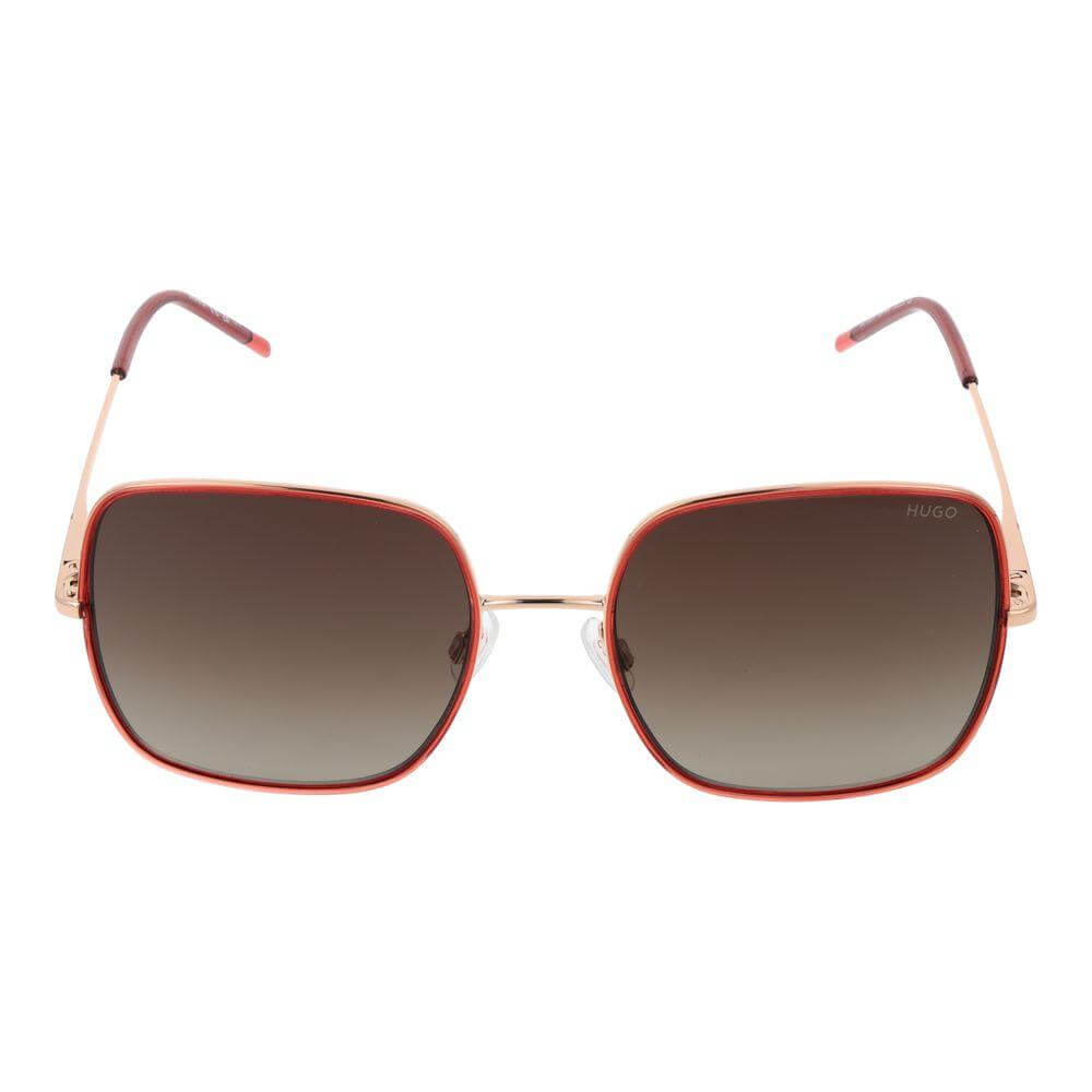 Hugo Boss square red women's sunglasses with gradient brown lenses, full-rim metal frame, 100% UVA & UVB protection.