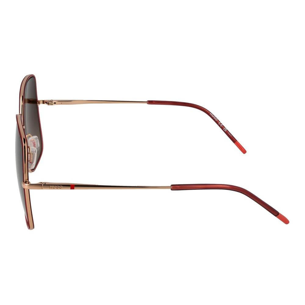 Side view of Hugo Boss red square sunglasses with metal frame and gradient brown lenses, featuring full-rim style and UVA/UVB protection.
