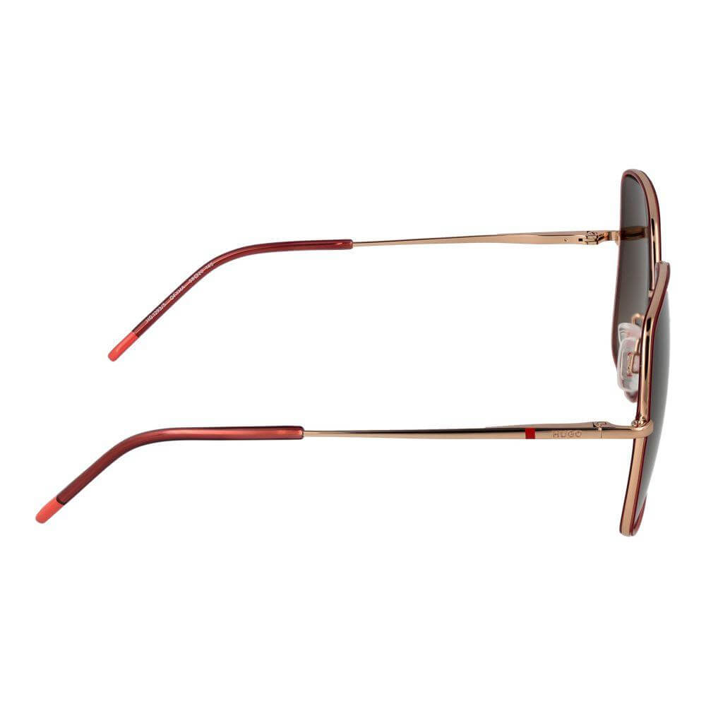 Side view of Hugo Boss Red Square Women's Sunglasses with metal frame and gradient brown lenses, featuring spring hinges.