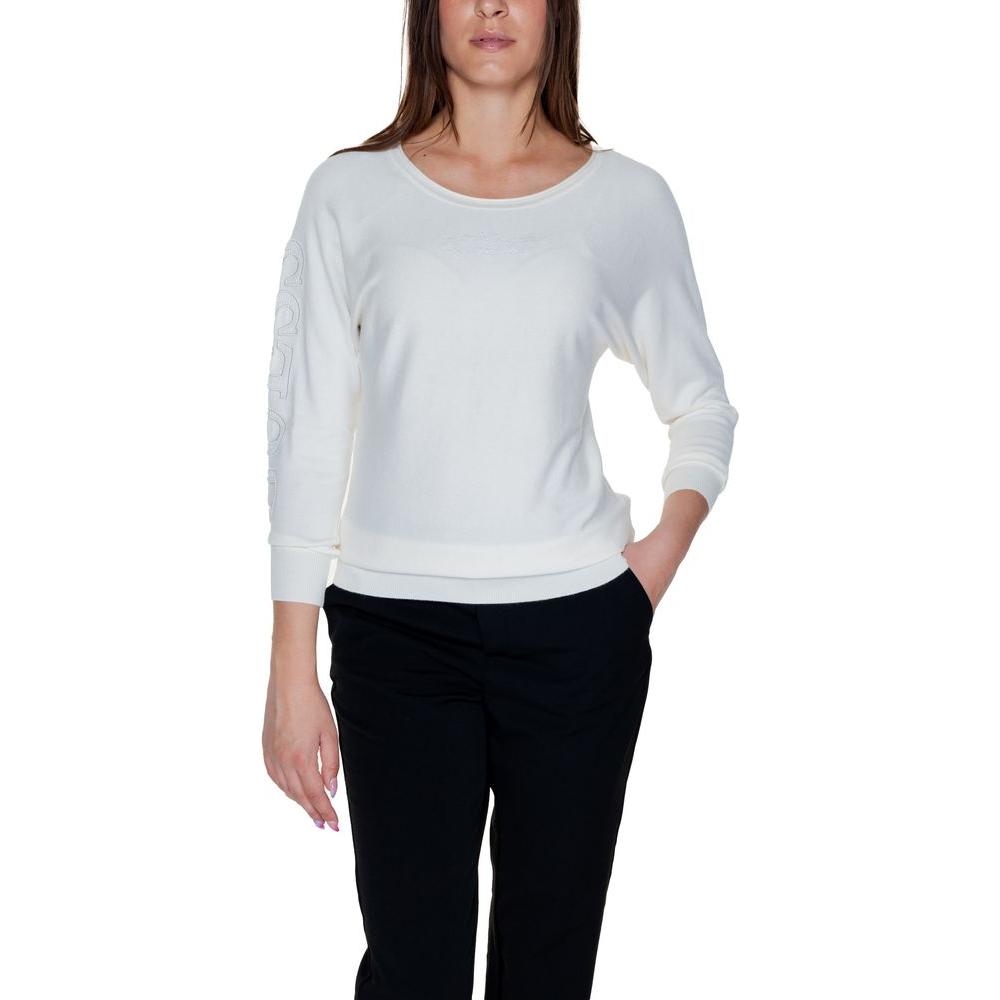 Alt Tag: Guess women's white viscose top with fall/winter design, featuring 82% viscose, 16% polyamide, 2% spandex/lycra.