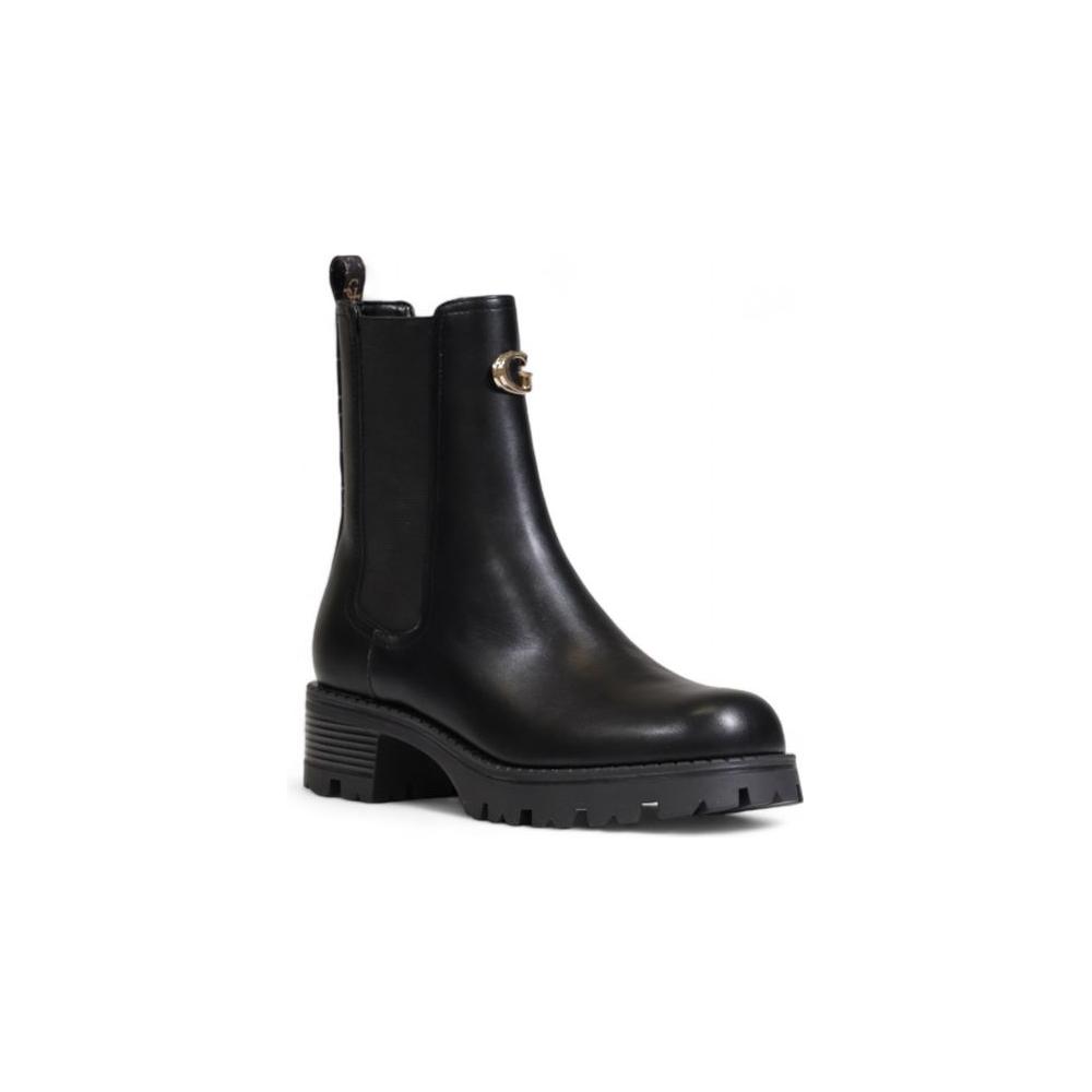 Women's Guess black polyethylene boot, fall/winter collection, featuring 70% polyurethane and 30% polyester composition.
