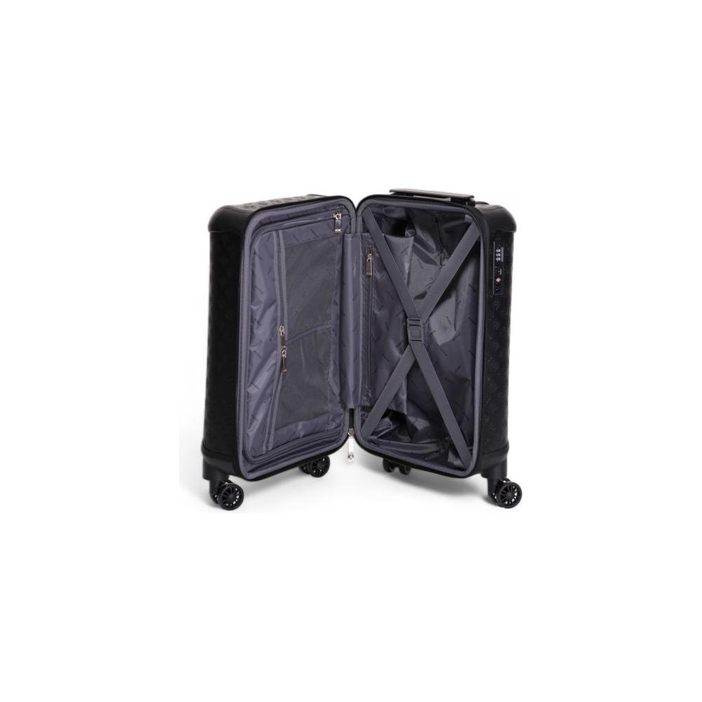 Open Guess black luggage with interior travel compartments, women's suitcase for fall/winter collection, made of polyurethane.