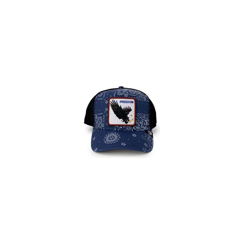 Goorin Bros blue cotton visor hat for men with eagle patch, spring/summer collection, 43% cotton, 57% polyester.
