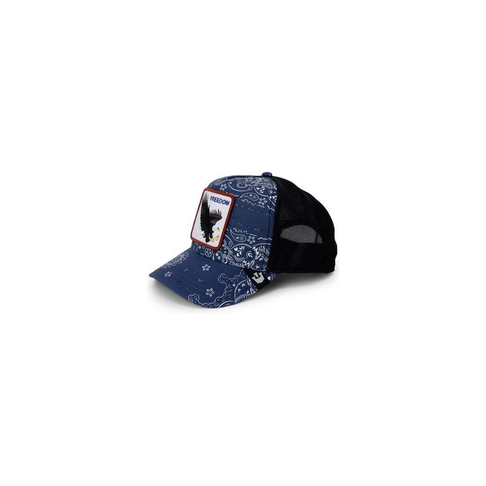 Goorin Bros blue cotton men's visor hat, spring/summer collection, featuring a stylish patch design, made of 43% cotton and 57% polyester.