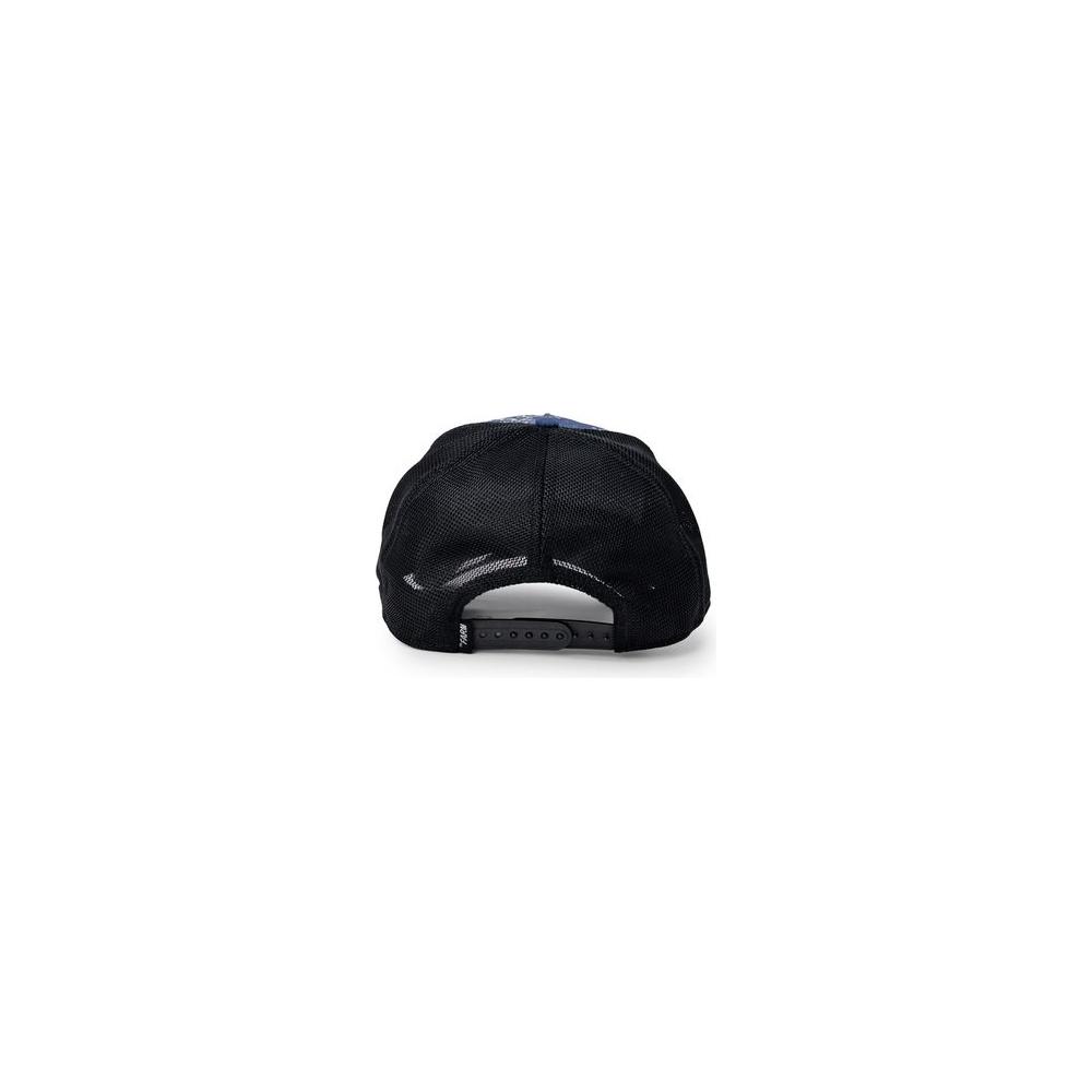Rear view of Goorin Bros blue cotton men's visor hat, spring/summer collection, with adjustable strap, 43% cotton and 57% polyester.