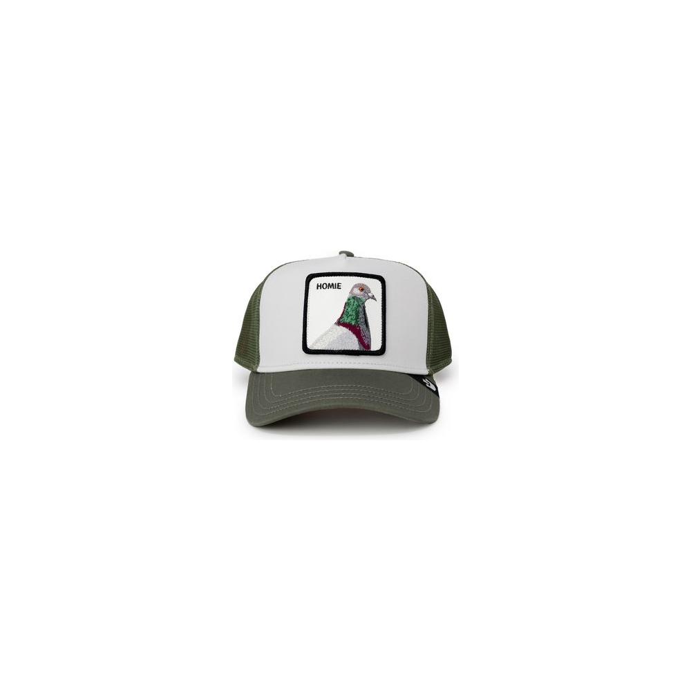 Goorin Bros green cotton visor hat with pigeon design, men's spring/summer collection, made from 43% cotton and 57% polyester.