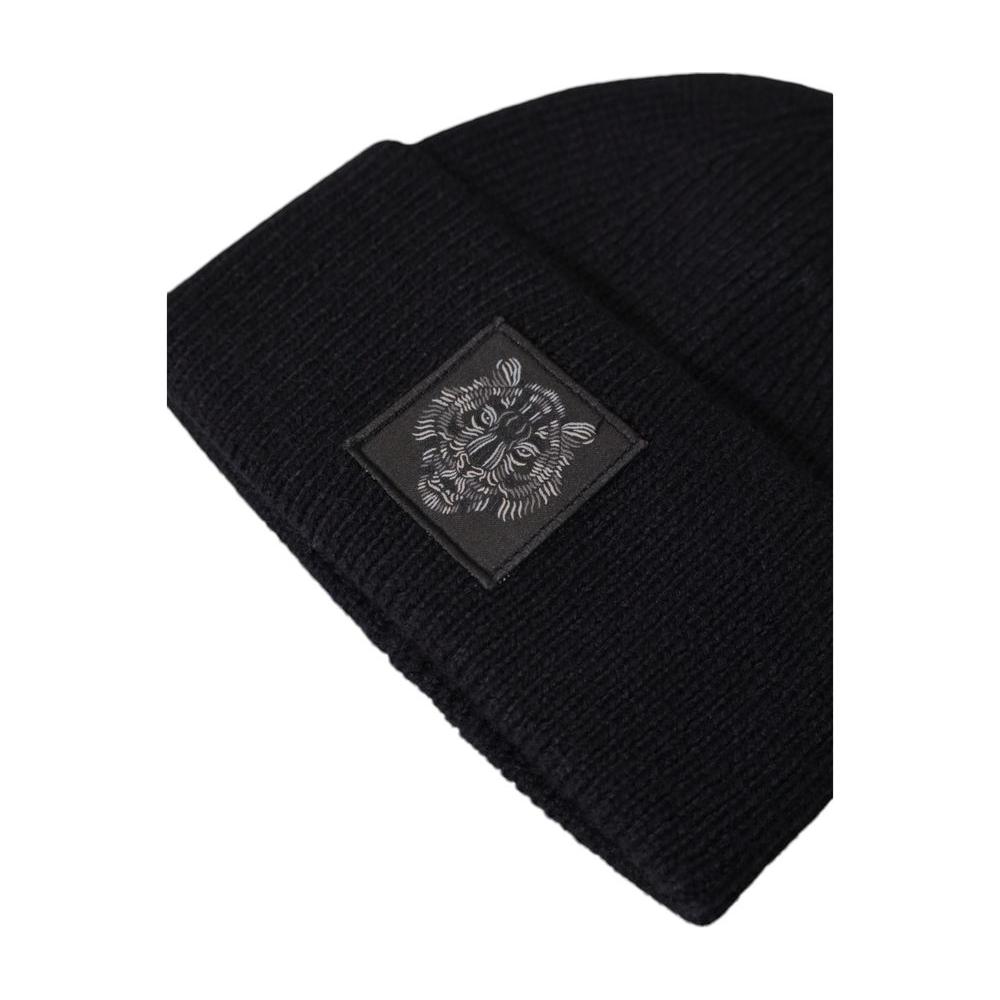 Antony Morato black wool hat for men, fall/winter collection, featuring a unique embroidered logo patch, 50% wool, 50% polyamide.