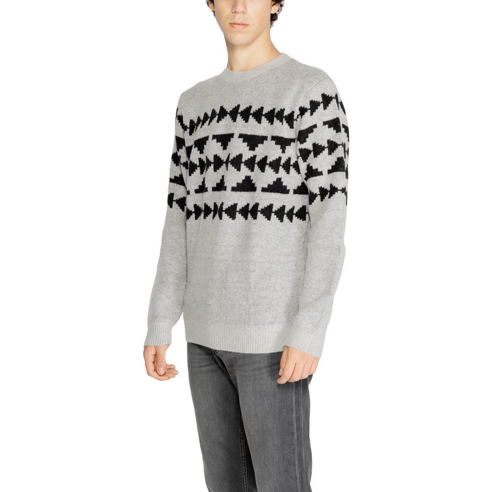 Antony Morato gray acrylic sweater with black geometric pattern, part of men's fall/winter knitwear collection.