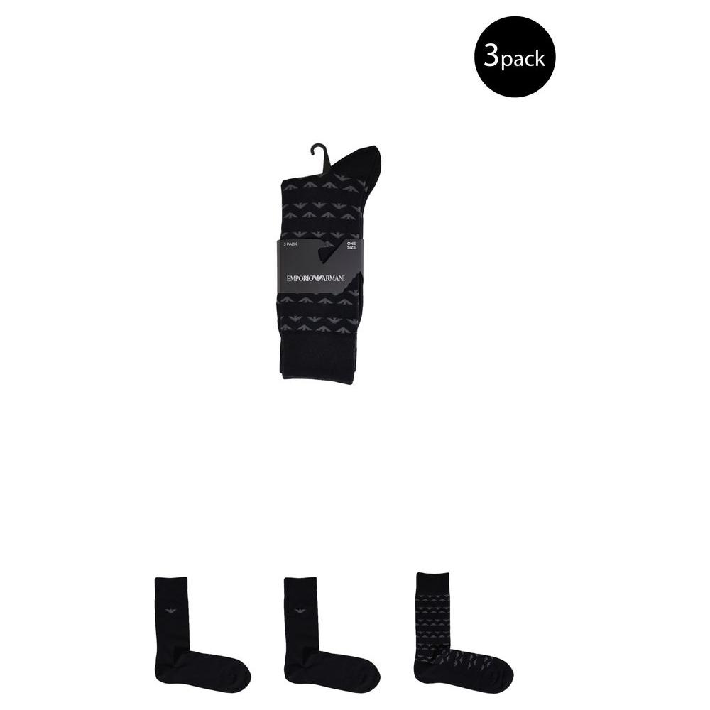 Emporio Armani Underwear black cotton socks three-pack, long style, featuring soft breathable material, ideal for men’s casual or formal wear.