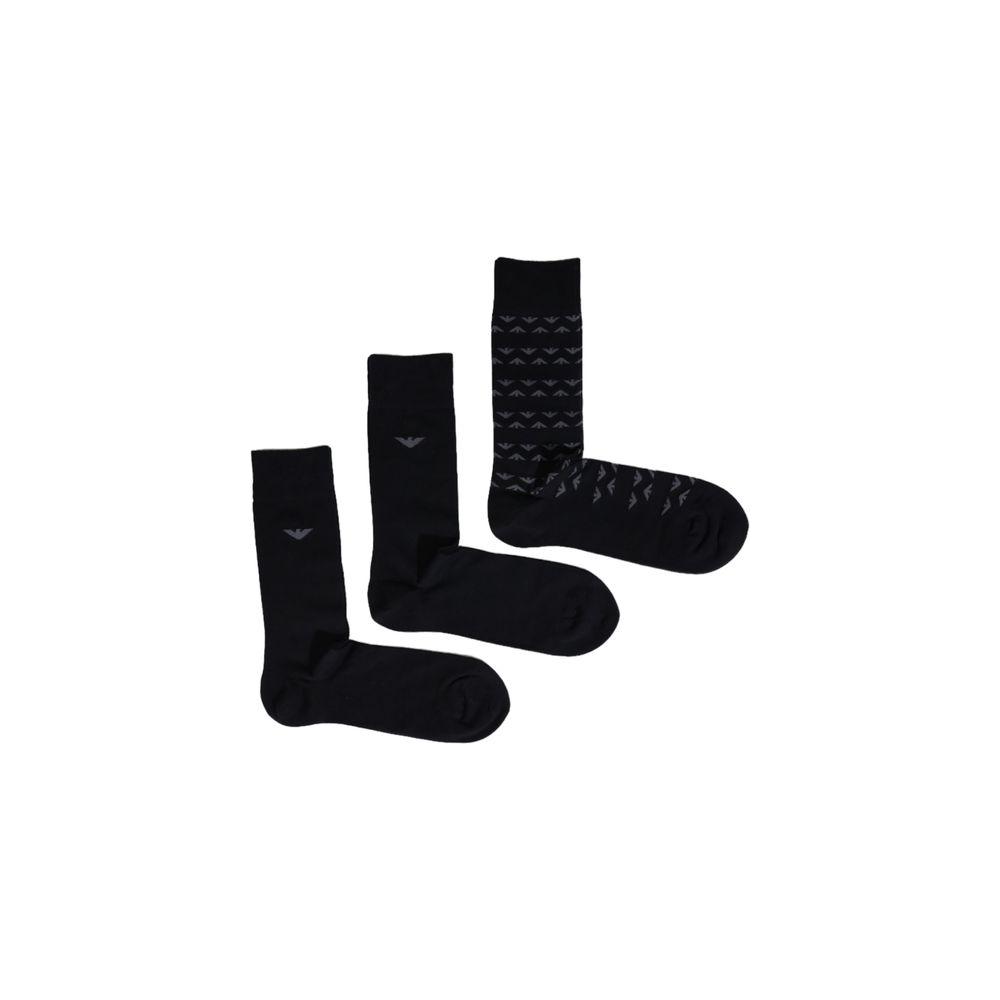 Three pairs of black Emporio Armani cotton socks with logo, showcasing design variations in a breathable, soft fabric.