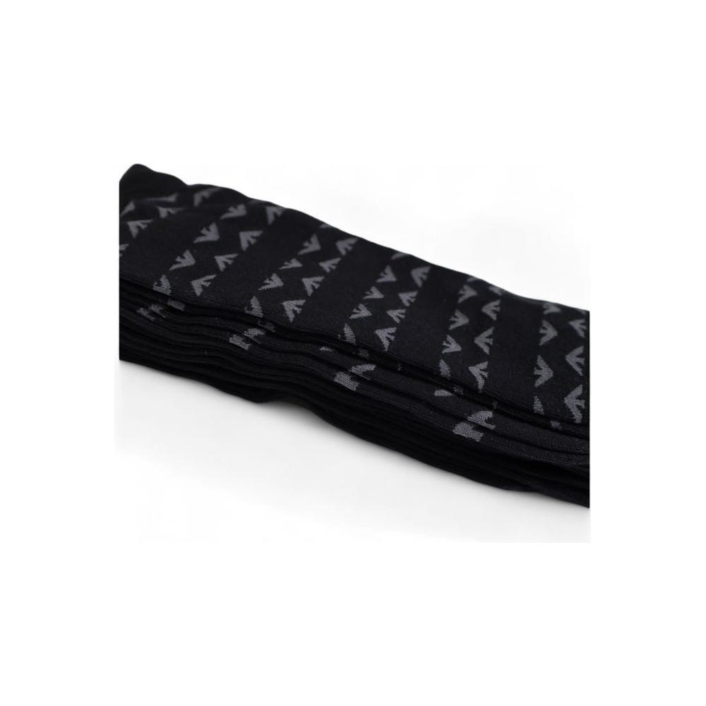 Stack of Emporio Armani black cotton socks with logo pattern, three-pack, soft and breathable, perfect for all-day comfort and style.