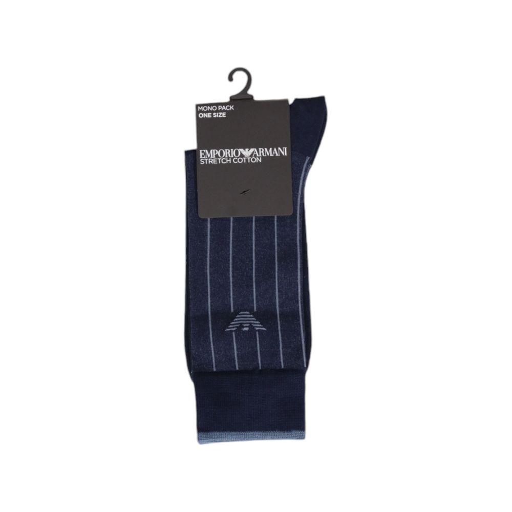 Emporio Armani blue cotton socks with subtle stripes, designed for comfort and style, 76% cotton and 24% polyamide composition.
