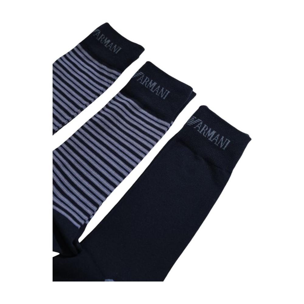 Emporio Armani Underwear men's blue cotton socks, set of 3 pairs, featuring stripes and logo, offering comfort and breathability, ideal for daily wear.
