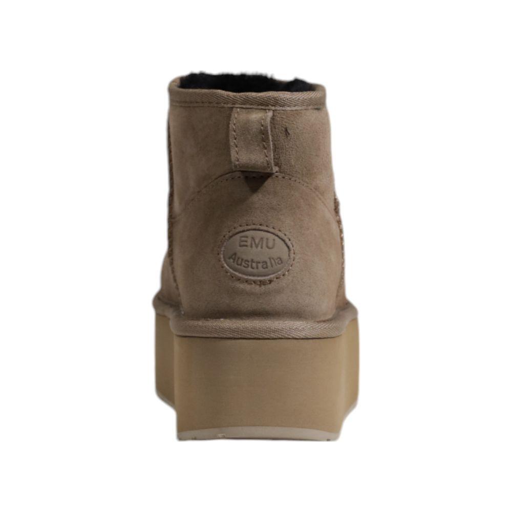 Back view of EMU Australia gray leather boot showcasing the elevated heel, ideal for women's fall and winter fashion.