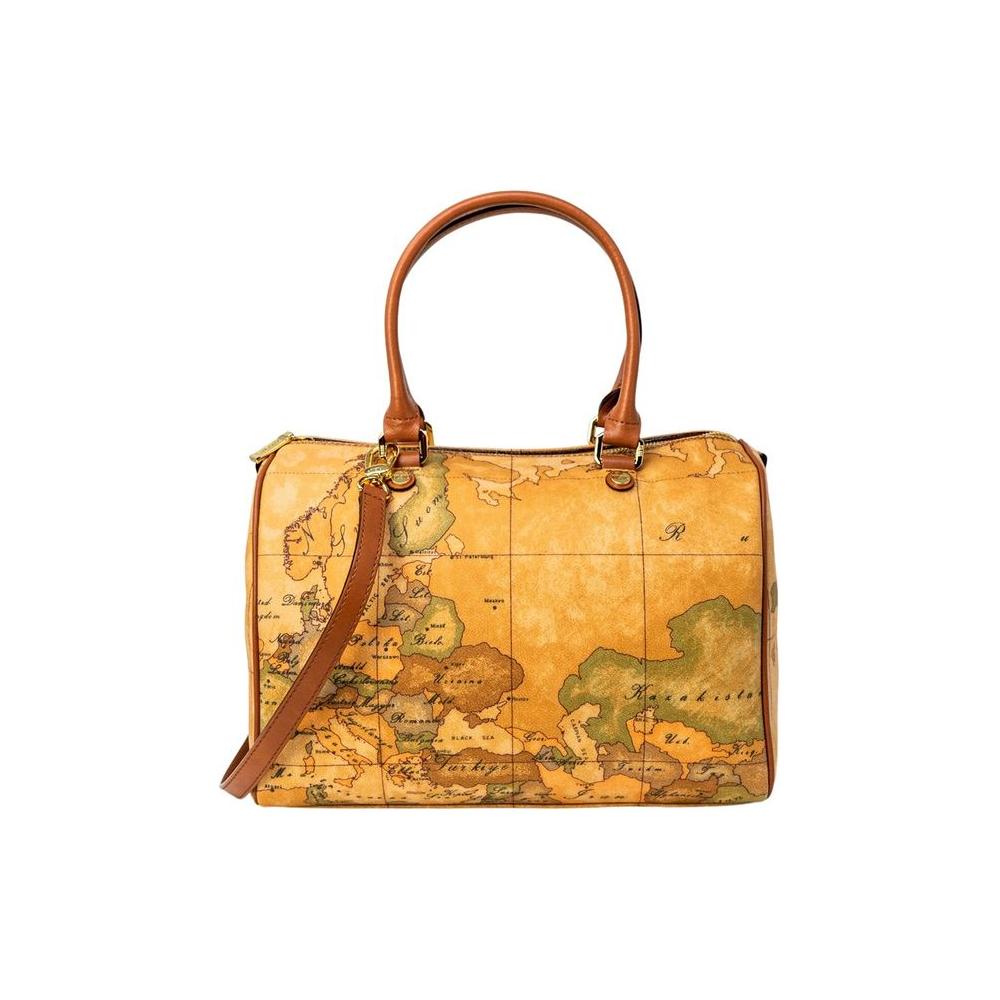 Alviero Martini Prima Classe beige leather handbag with world map design, ideal for autumn/winter fashion, size 25x30x17 cm.