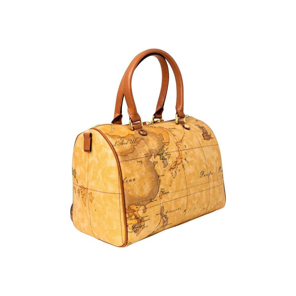 Alviero Martini Prima Classe beige leather handbag with world map design, women's autumn/winter collection, 100% leather, 25x30x17 cm.