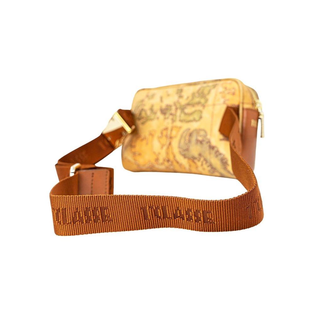 Alviero Martini Prima Classe beige leather belt bag with map print design, featuring adjustable strap for stylish and practical wear.