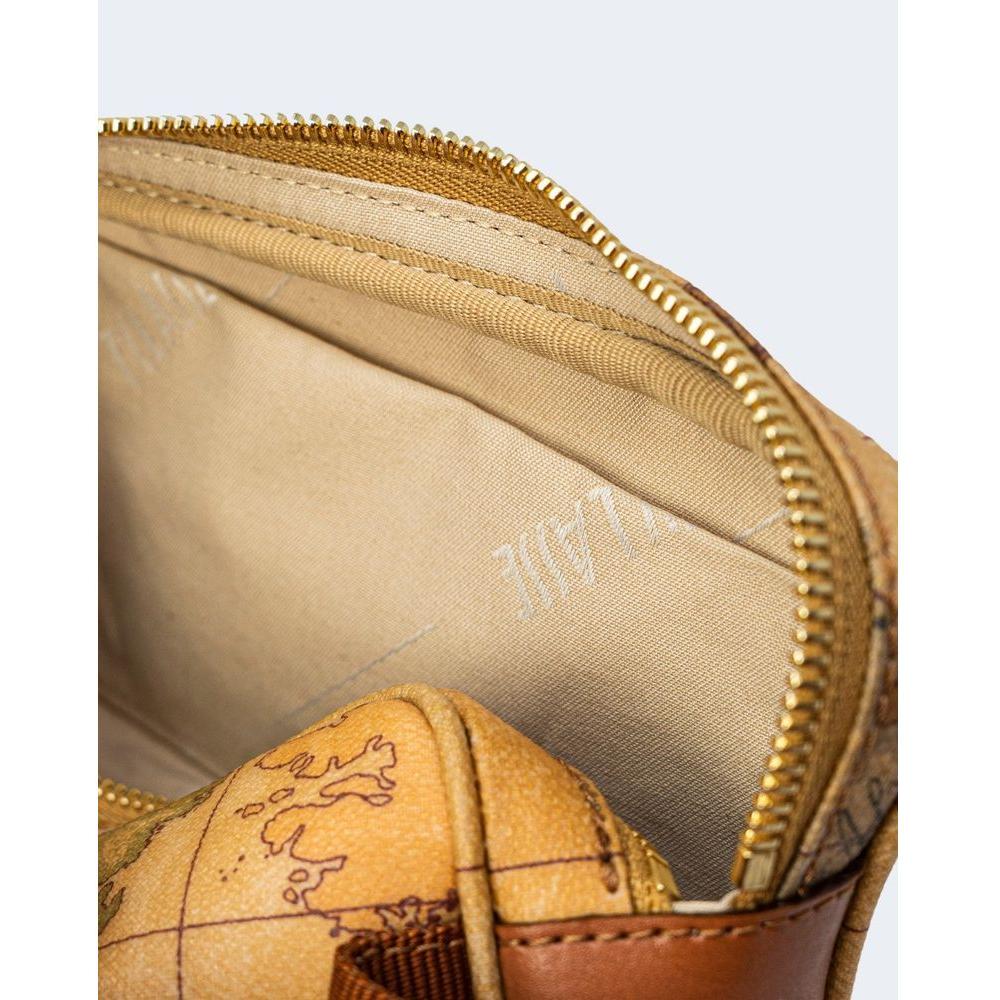 Close-up of Alviero Martini Prima Classe beige leather belt bag interior with map design and gold zipper.