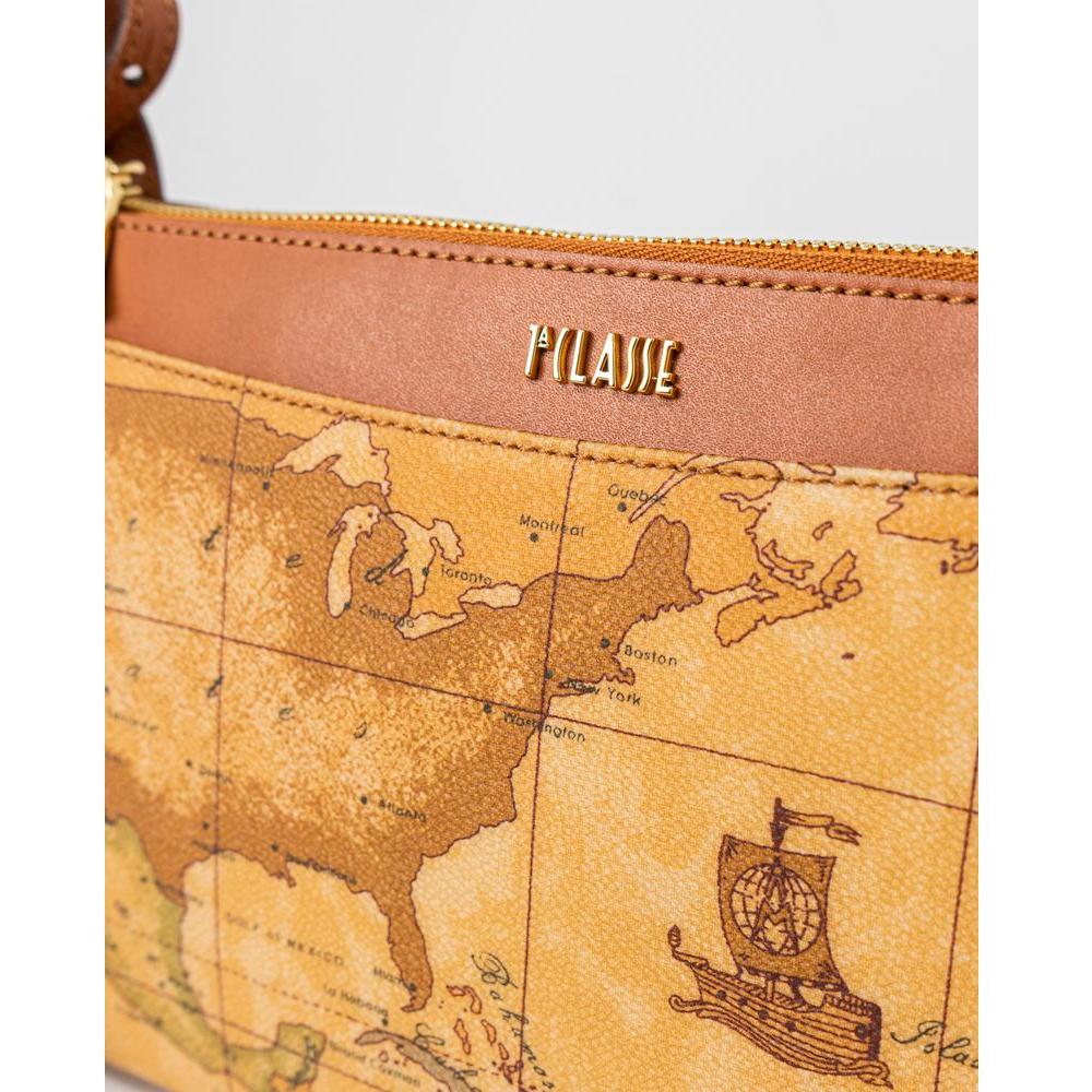 Close-up of Alviero Martini Prima Classe beige leather handbag with world map design and gold logo