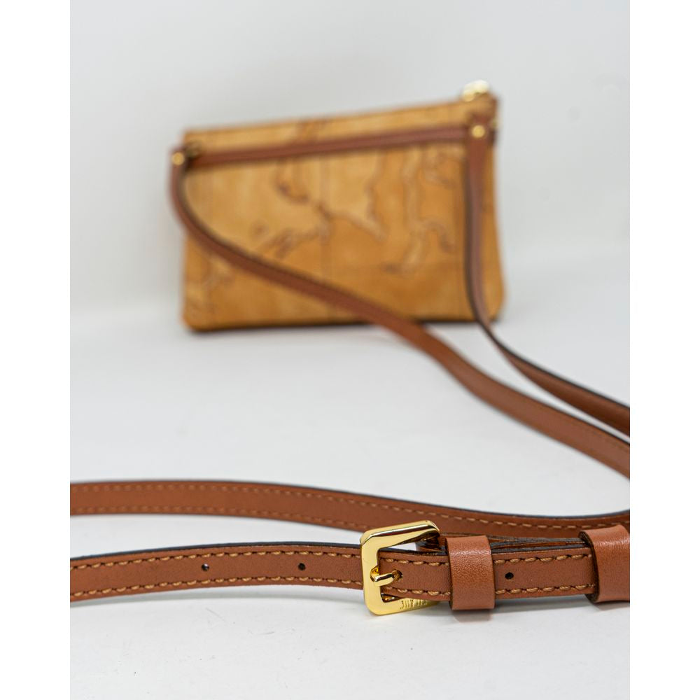 Alviero Martini Prima Classe beige leather handbag with map print design and brown adjustable strap, perfect for autumn-winter collection.