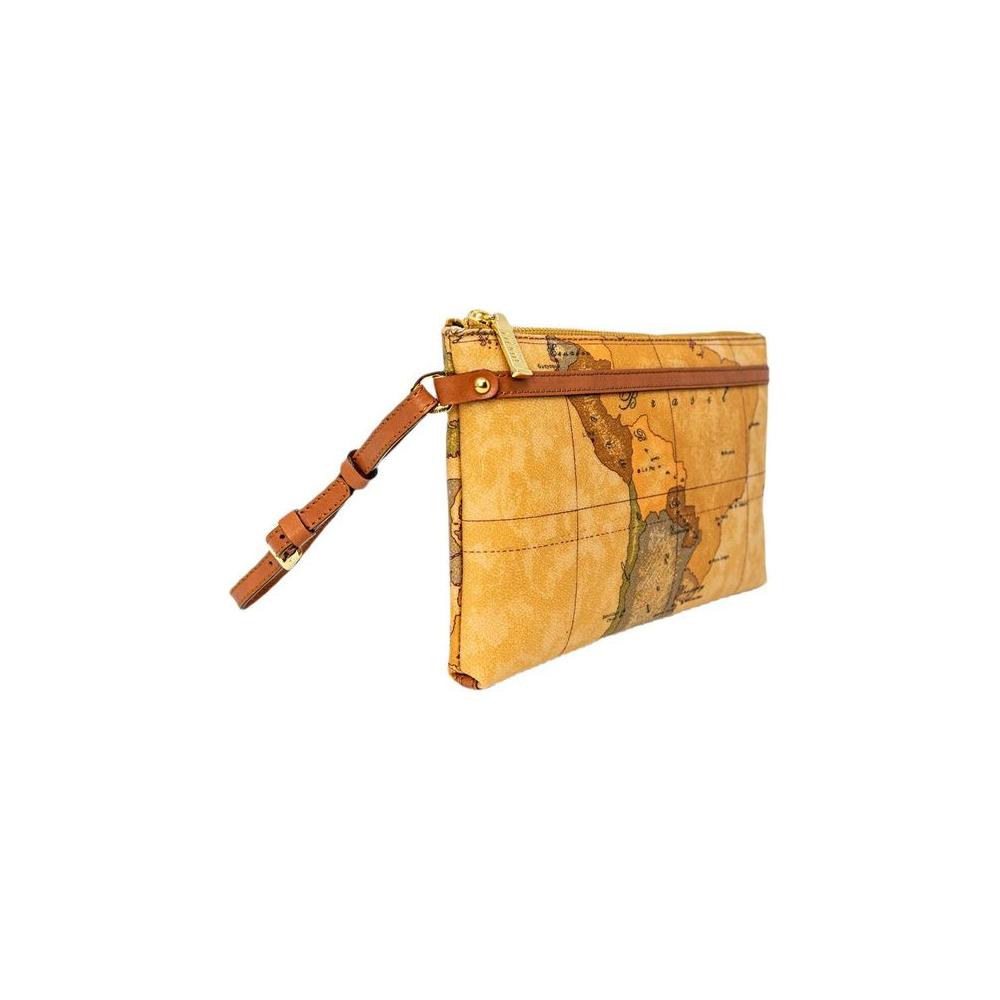 Alviero Martini Prima Classe beige map-pattern wristlet clutch with adjustable strap and zip closure.