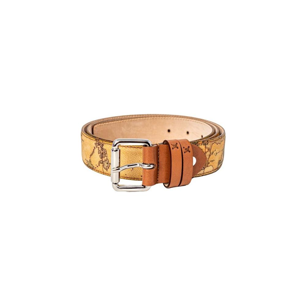 Alviero Martini Prima Classe beige leather belt with shiny metal buckle, featuring elegant design for formal and casual occasions.