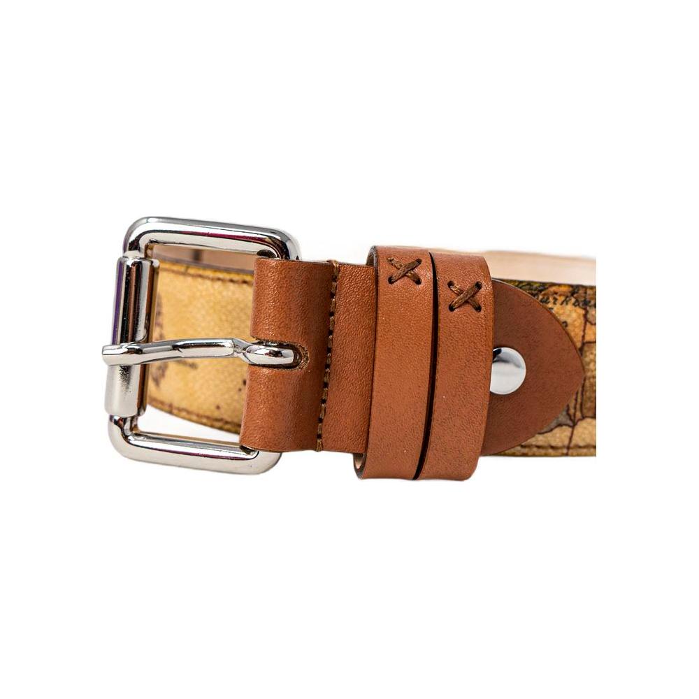 Alviero Martini Prima Classe beige leather belt with shiny metal buckle, elegant design for both formal and casual occasions.