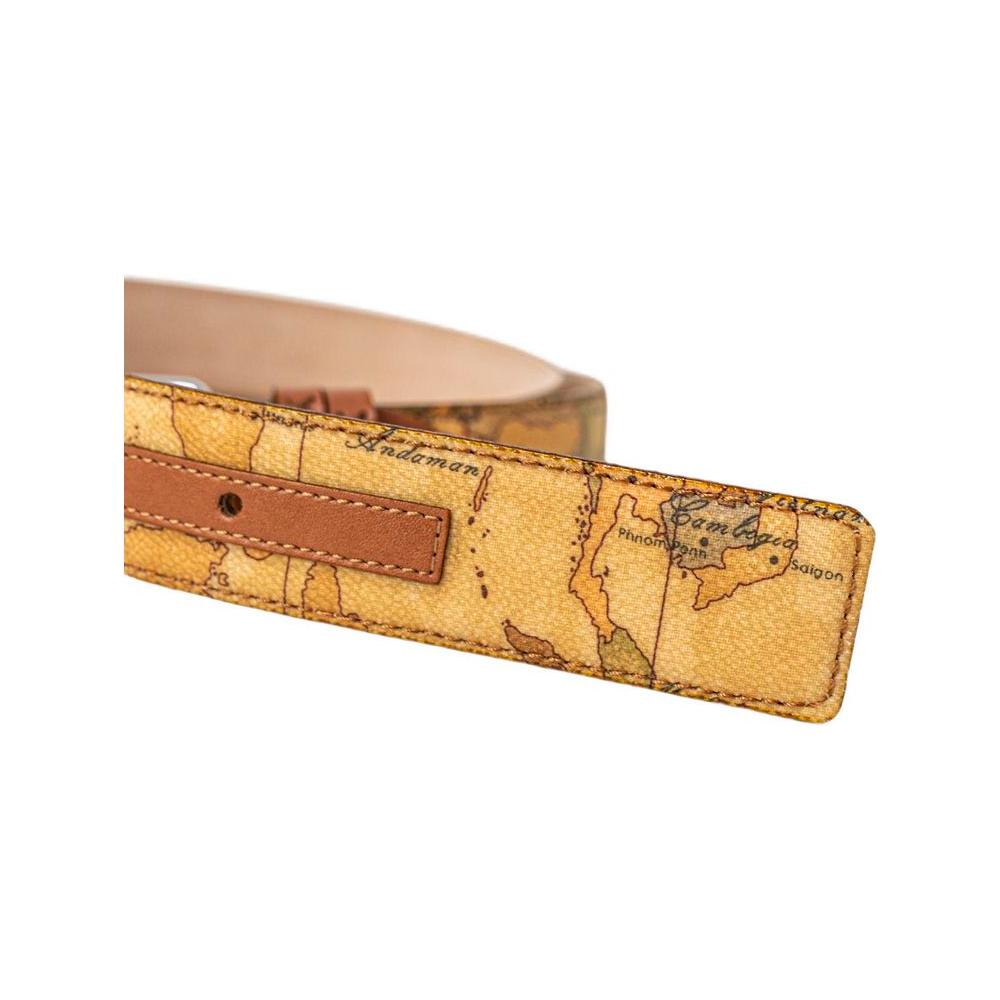 Alviero Martini Prima Classe beige leather belt with map design and shiny metal buckle, perfect for elegant and casual styles.