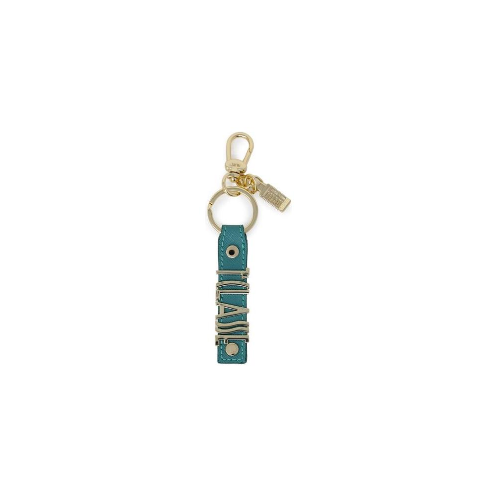 Alviero Martini Prima Classe green leather keychain for women, featuring metal accents. Autumn/Winter collection, dimensions 8.5x2x0.2 cm.