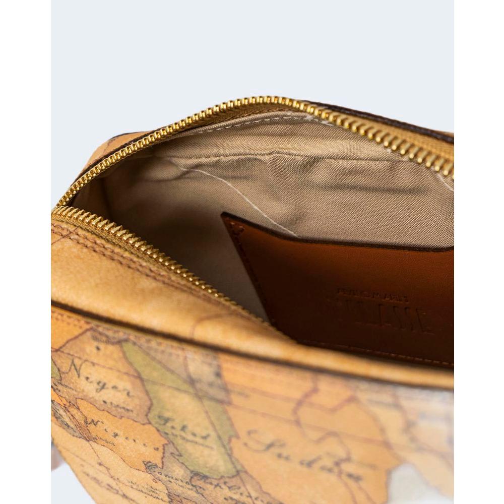 Alviero Martini Prima Classe Beige Cotton Handbag with map print, showing interior details and zip closure, perfect accessory for any occasion.