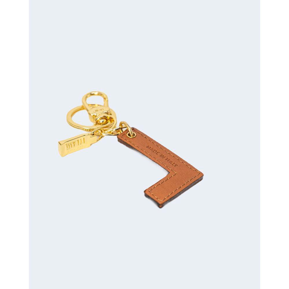 Alviero Martini Prima Classe beige leather keychain with gold accents and letter 'L' design, stylish and practical accessory.