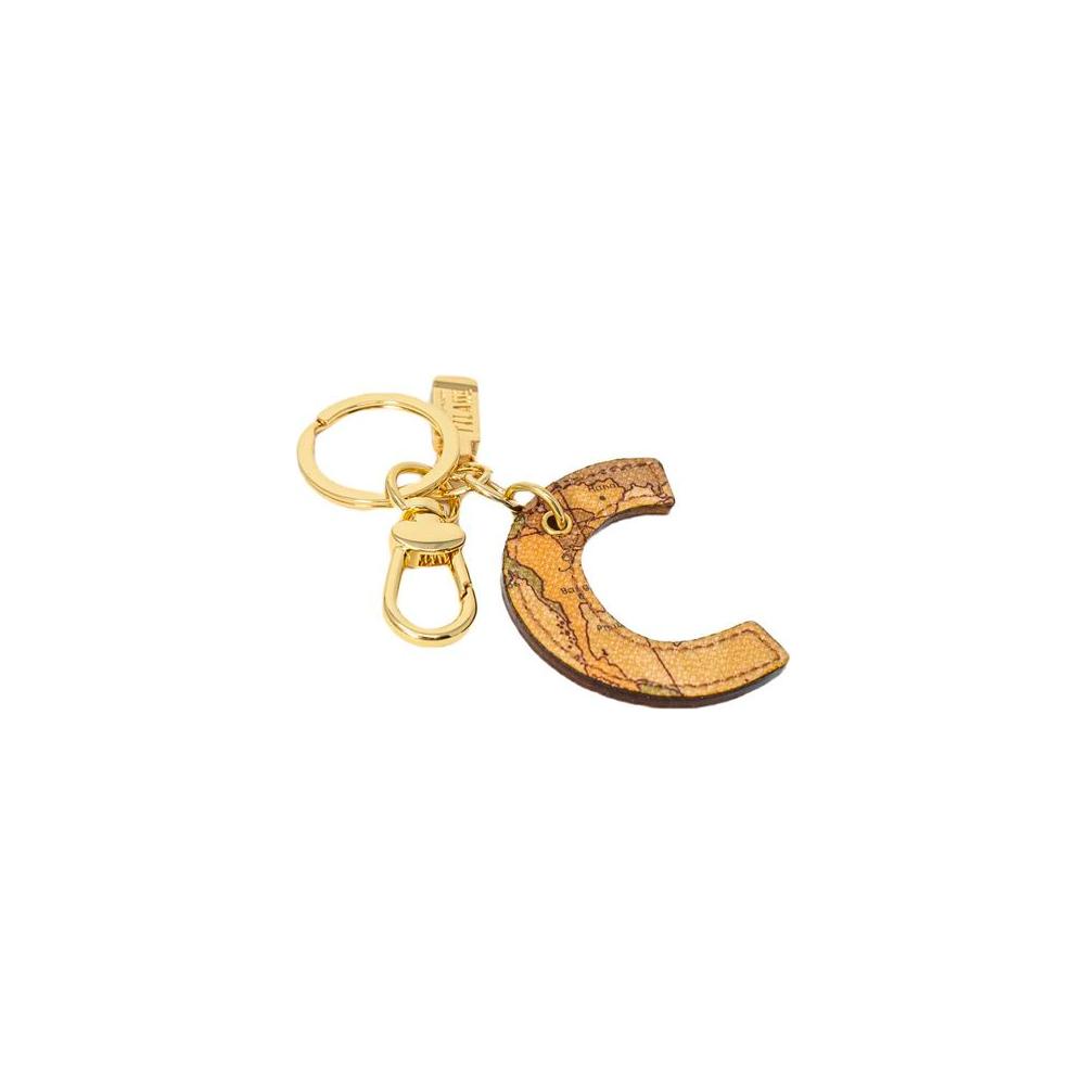 Alviero Martini Prima Classe beige leather C-shaped keychain, elegant accessory with distinctive brand design and gold ring.