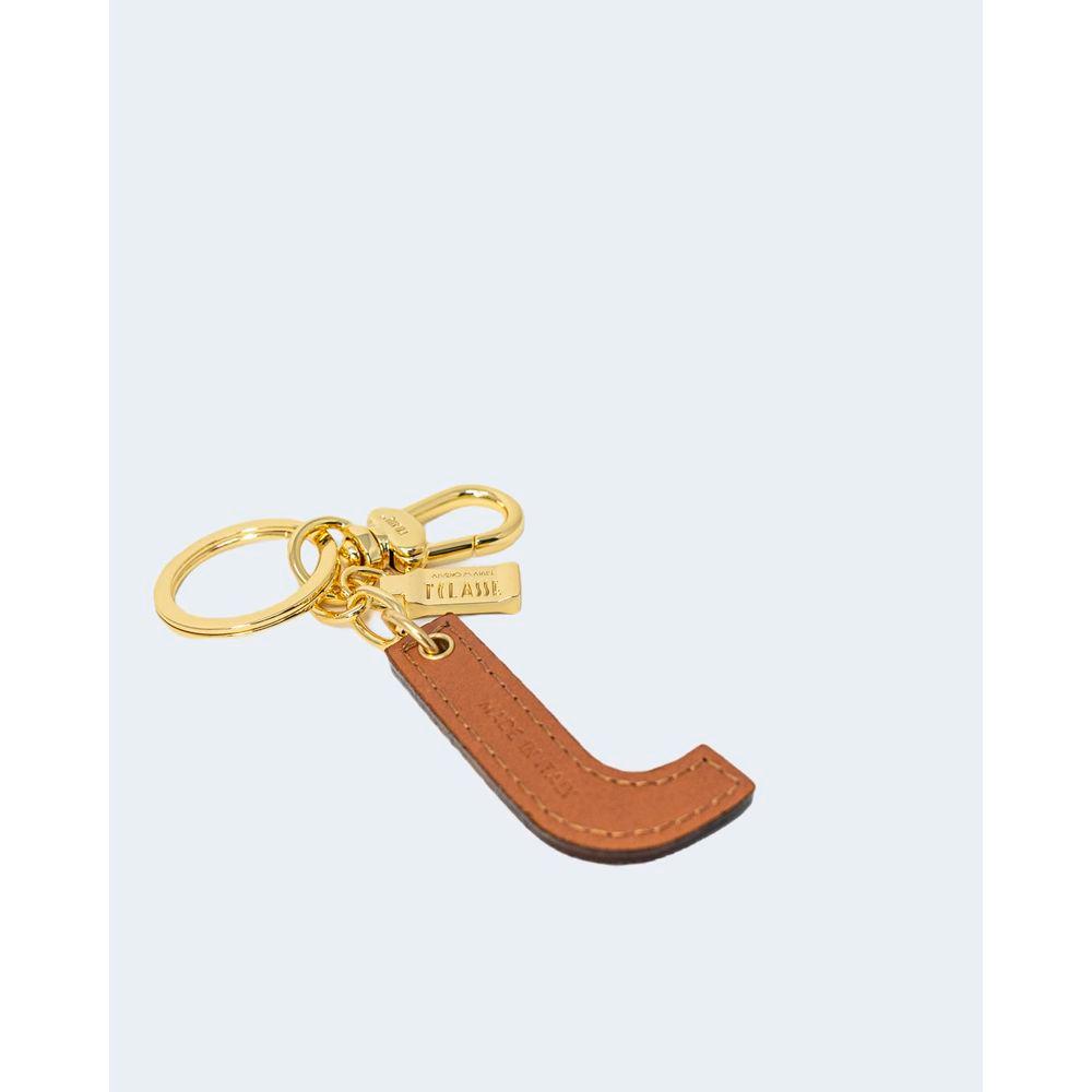 Alviero Martini Prima Classe beige keychain, J shape, with gold ring and hook, elegant accessory for bags.