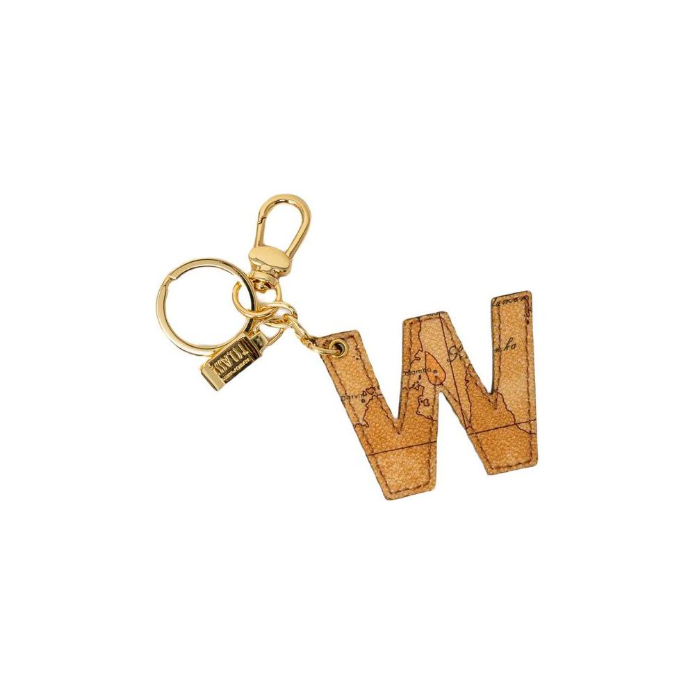 Alviero Martini Prima Classe beige leather keychain featuring letter W with map design, elegant and durable accessory