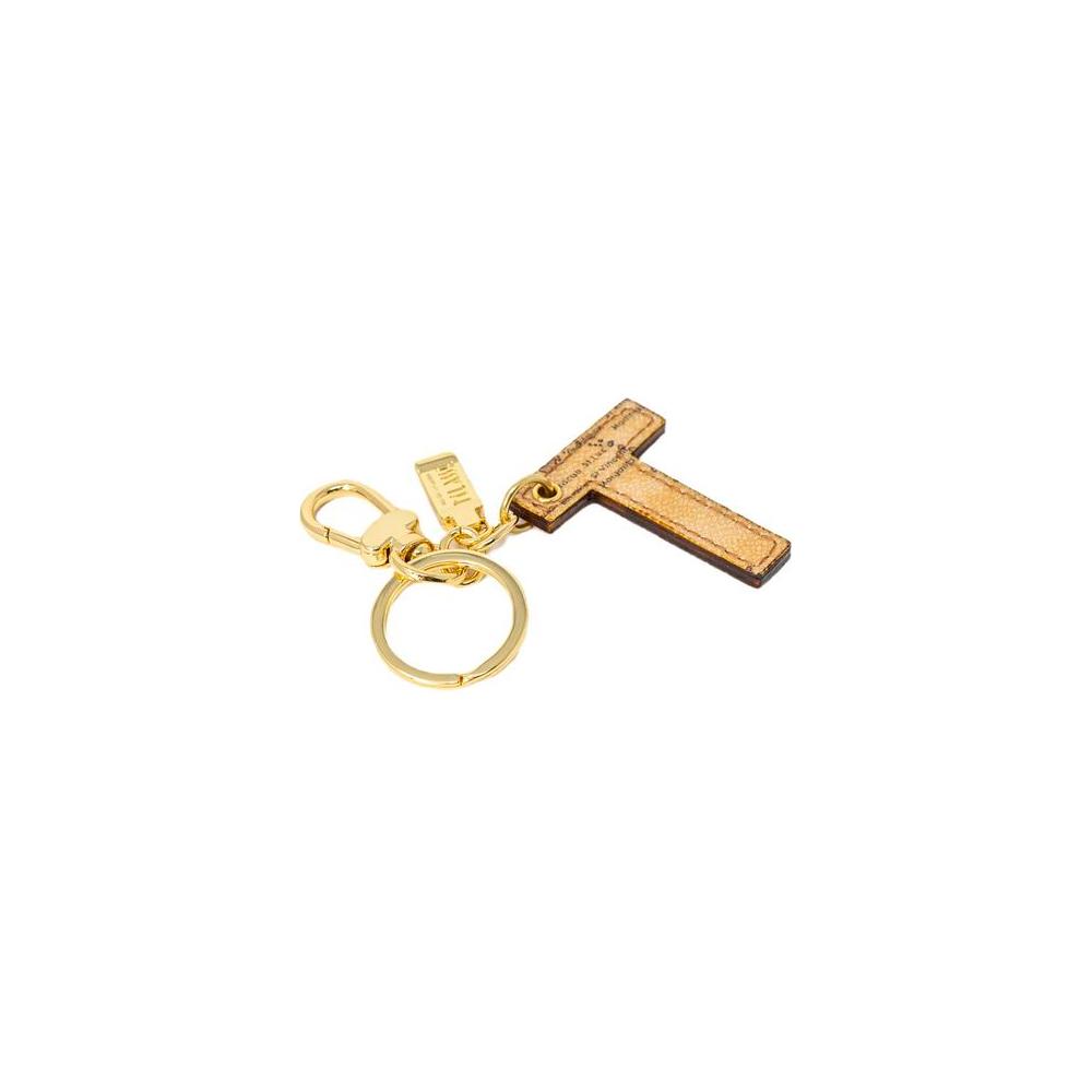 Alviero Martini Prima Classe beige leather keychain in T shape with gold accents, a blend of style and durability for women's accessories.