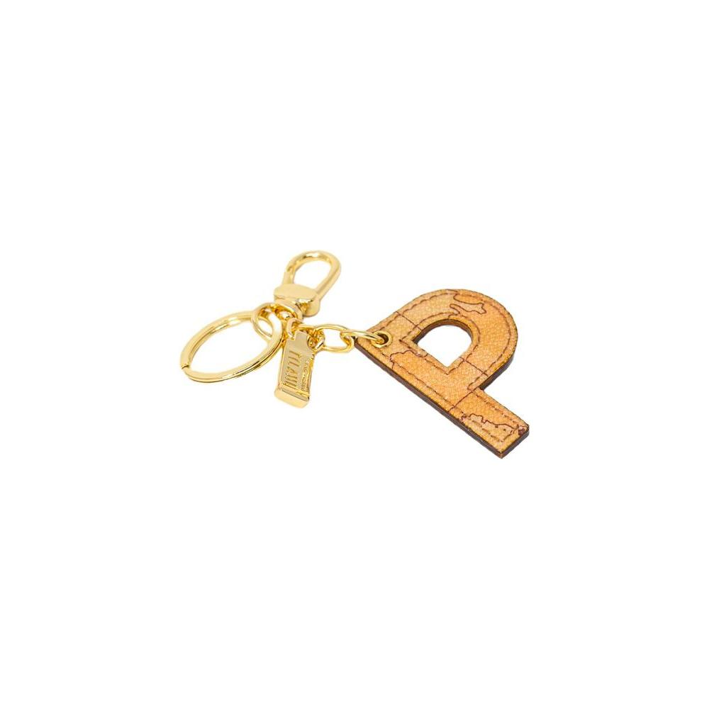 Elegant Alviero Martini Prima Classe beige leather keychain with letter P design and gold details, perfect for stylish key organization.