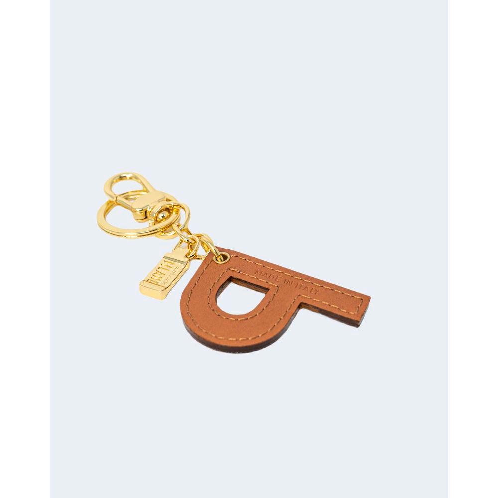 Alviero Martini Prima Classe beige leather keychain in letter P shape with gold-tone details, elegant and stylish accessory.