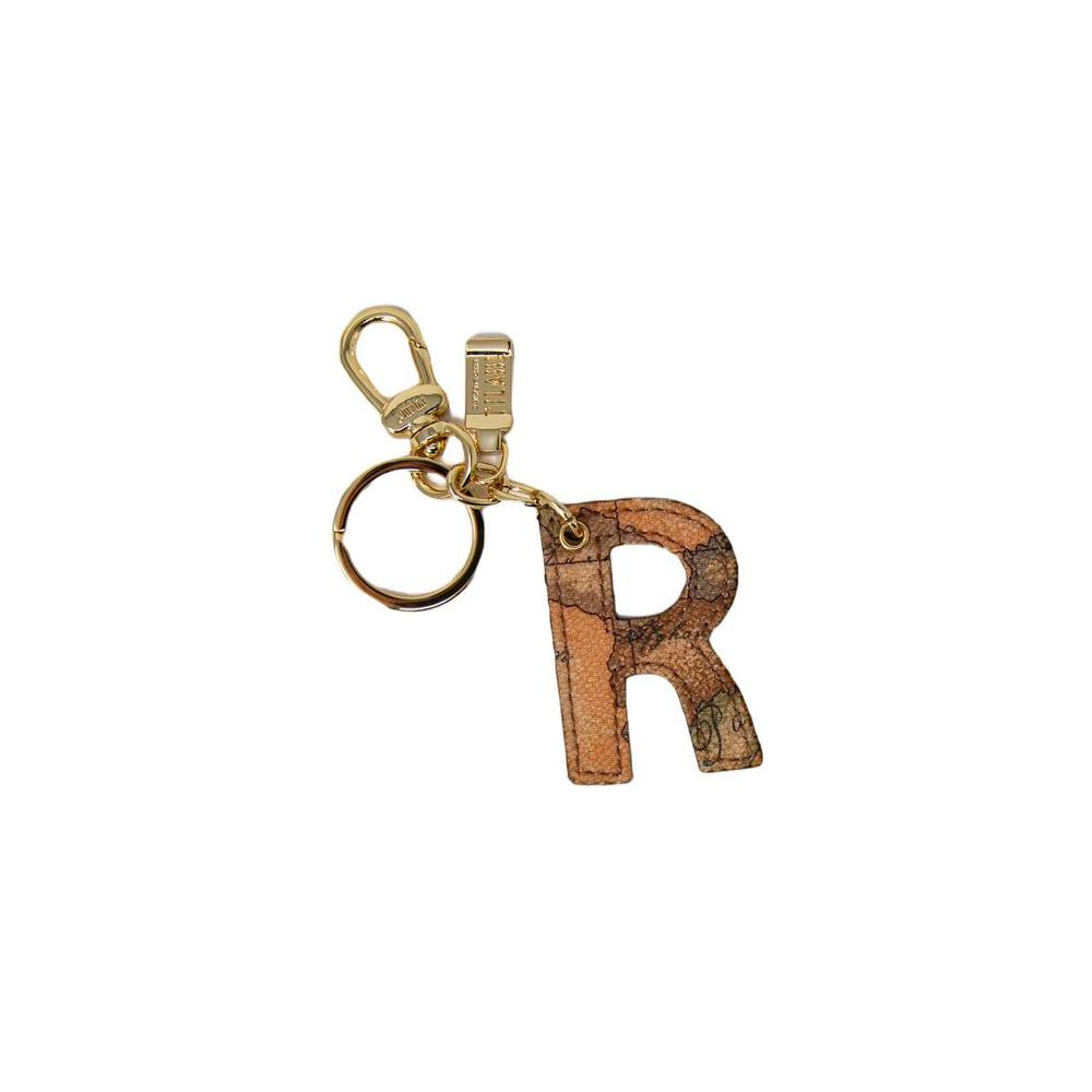 Alviero Martini Prima Classe beige leather keychain with letter 'R', featuring gold metal details, a stylish personalized accessory for women.