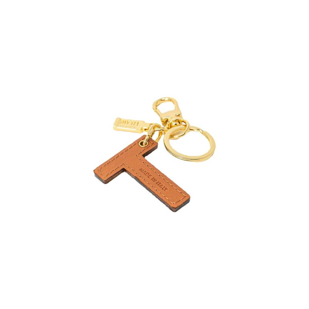 Alviero Martini Prima Classe beige leather keychain with gold hardware and letter T design, elegant and durable accessory