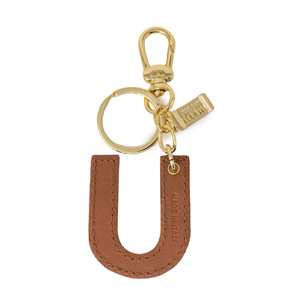 Alviero Martini Prima Classe beige leather keychain for women, spring/summer collection, featuring gold-tone ring and clasp.